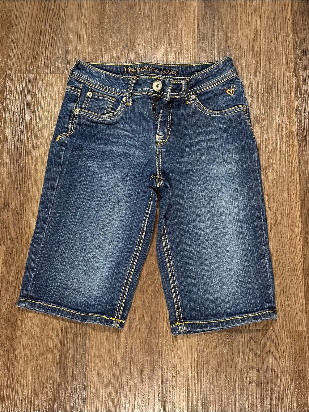 Y2K Justice blue girls denim shorts with yellow stitching